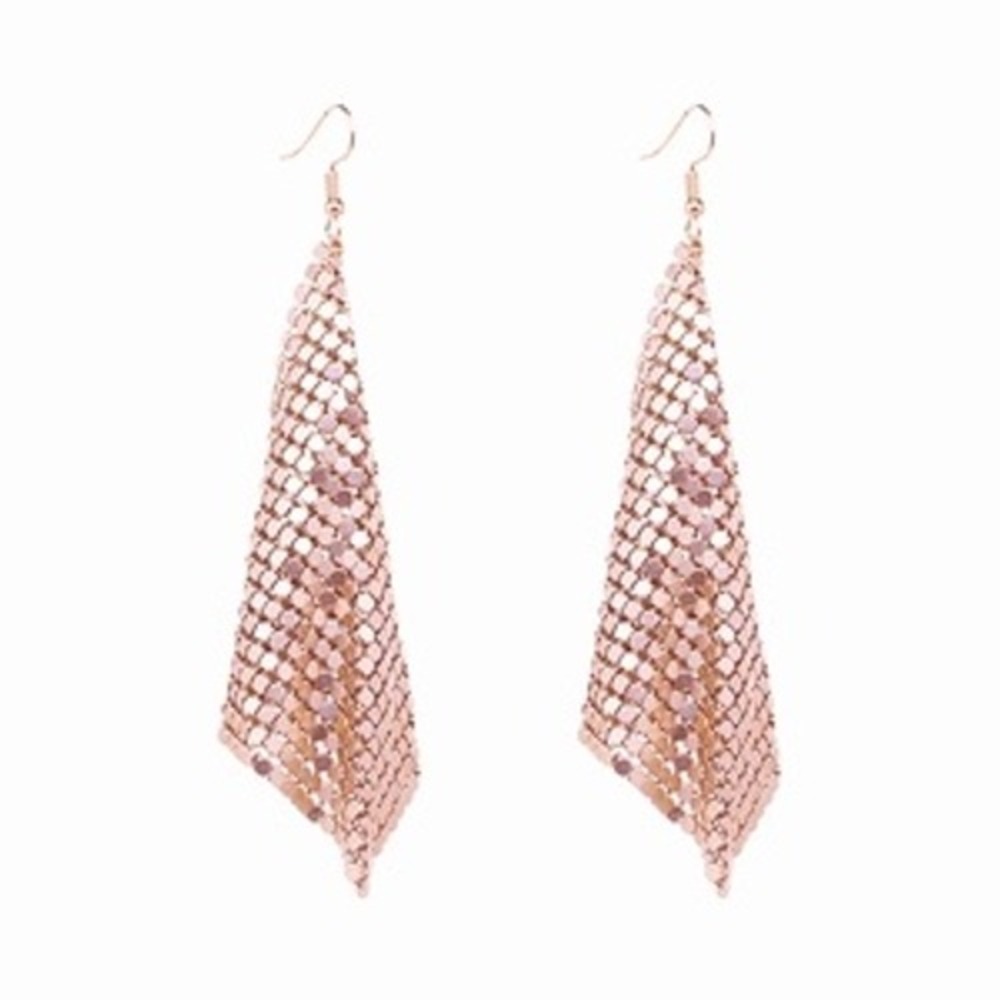 Rose Gold Mesh Chainmail Drop Earrings Long Triangle Liquid Metal Dangle Hook